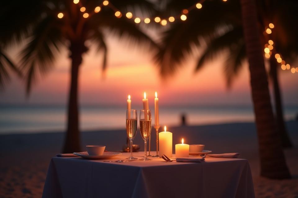 Cena romántica en playa al atardecer