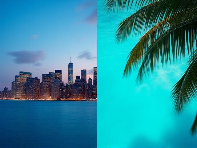 Skyline de Nueva York fundiéndose con el Caribe
