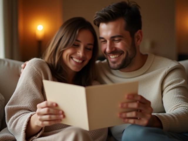 Pareja feliz abriendo una tarjeta de felicitación