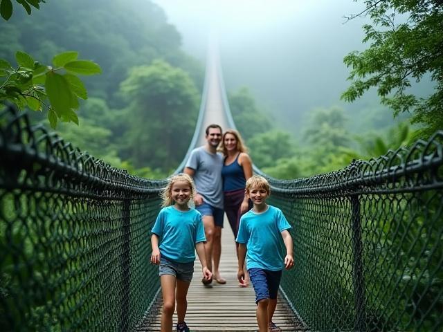 Niños cruzando un puente colgante sobre la selva tropical