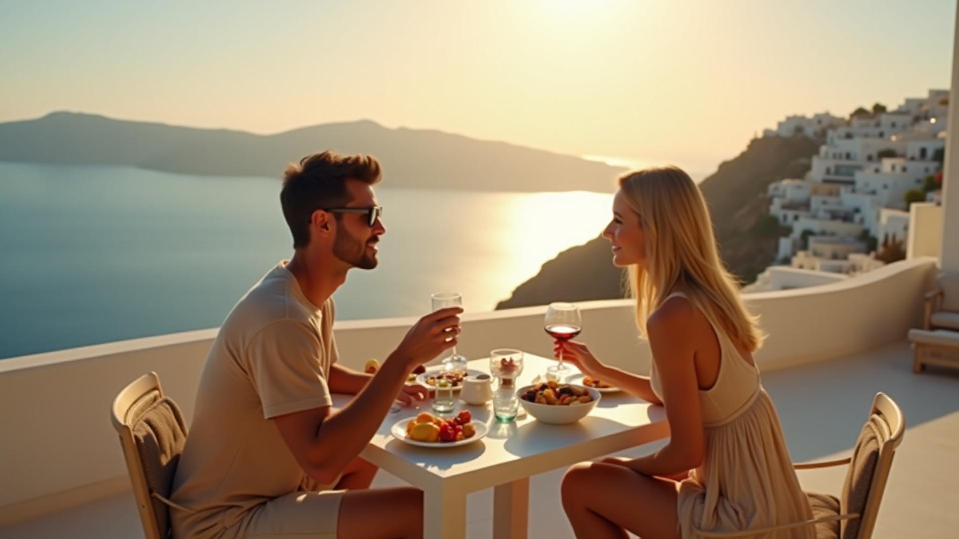 Pareja disfrutando de un desayuno privado en una terraza con vistas al mar