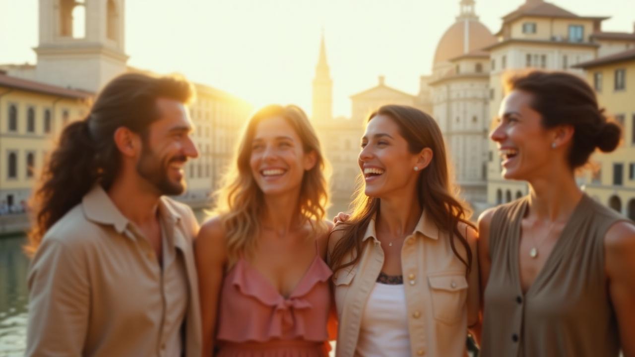 Un grupo de amigos riendo frente al Duomo de Florencia disfrutando de un viaje organizado