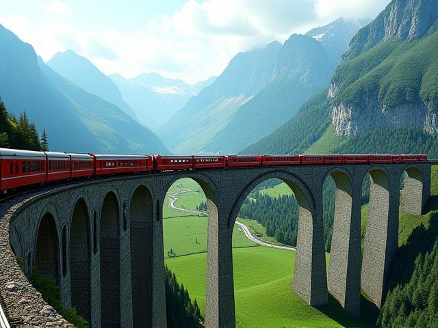 Tren panorámico suizo cruzando un viaducto en los Alpes