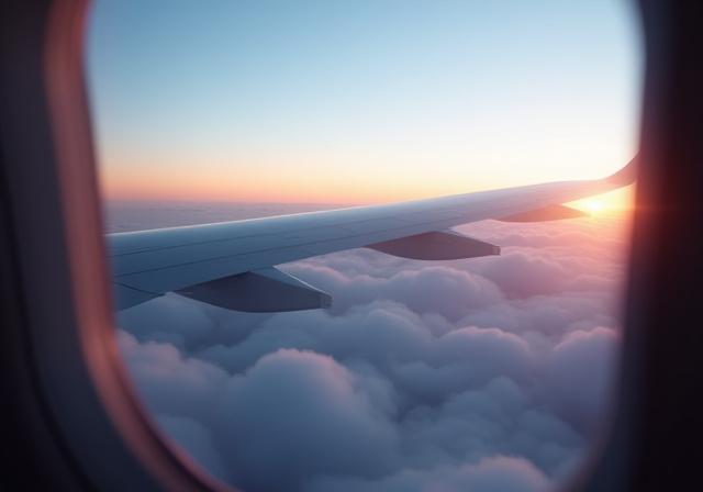 Ala de avión sobrevolando nubes al atardecer